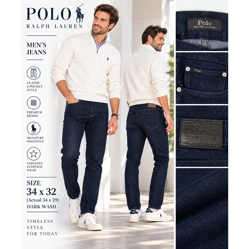 Polo Ralph Lauren Mens Jeans 34x32 Actual 34x29 Dark Wash Straight Leg #1918